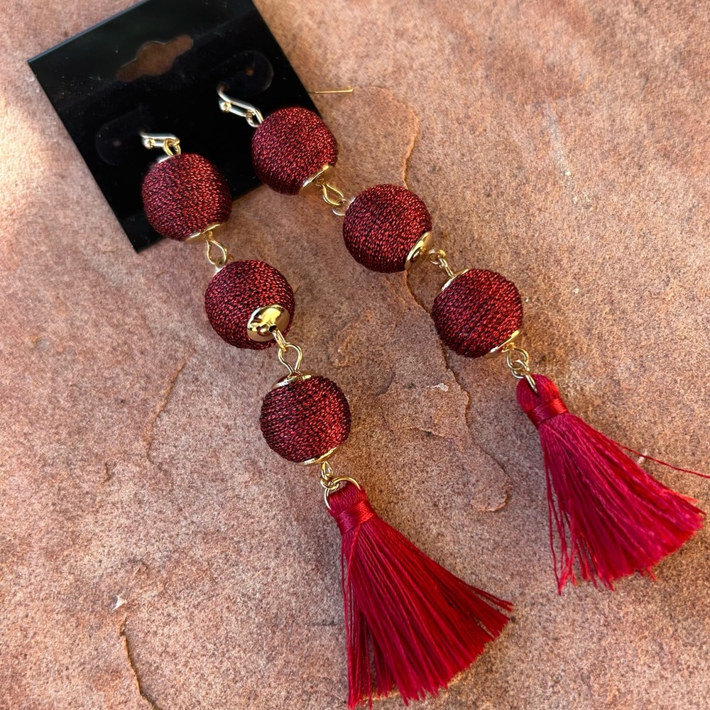 Burgundy Statement Ball-Tassel Earrings NWT